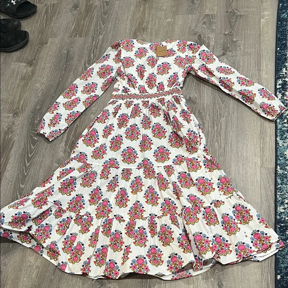 Boden Long Sleeve Floral Dress Violet Trim Midi Dress - Picture 7 of 8